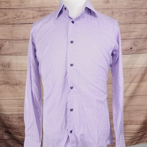 DAVID DONAHUE TRIM FIT PURPLE GINGHAM CHECK BUTTON DOWN DRESS SHIRT 16 34/35 - Picture 3 of 7